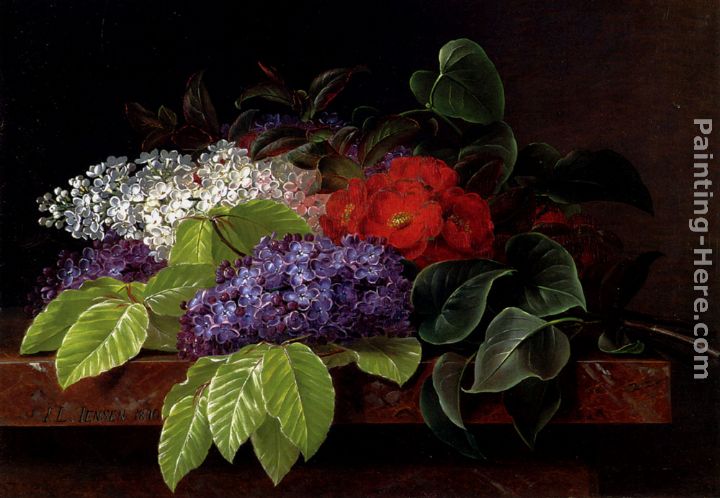 White and purple Lilacs, Camellia and Beech Leaves on a marble Ledge painting - Johan Laurentz Jensen White and purple Lilacs, Camellia and Beech Leaves on a marble Ledge art painting